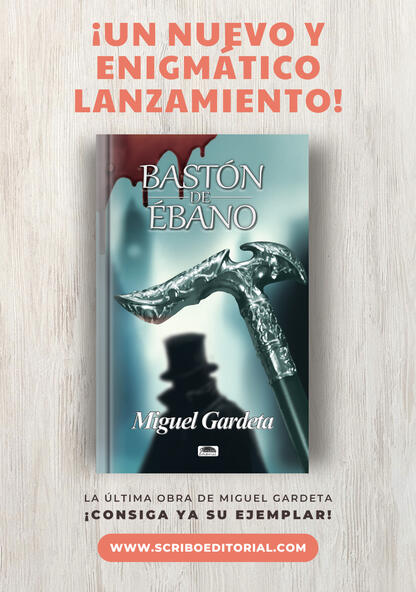 "Bastón de Ébano" book cover, writted by Miguel Gardeta. Mysteries and murder await you in this book where the worlds of Jack the Ripper and H.H. Holmes connect.