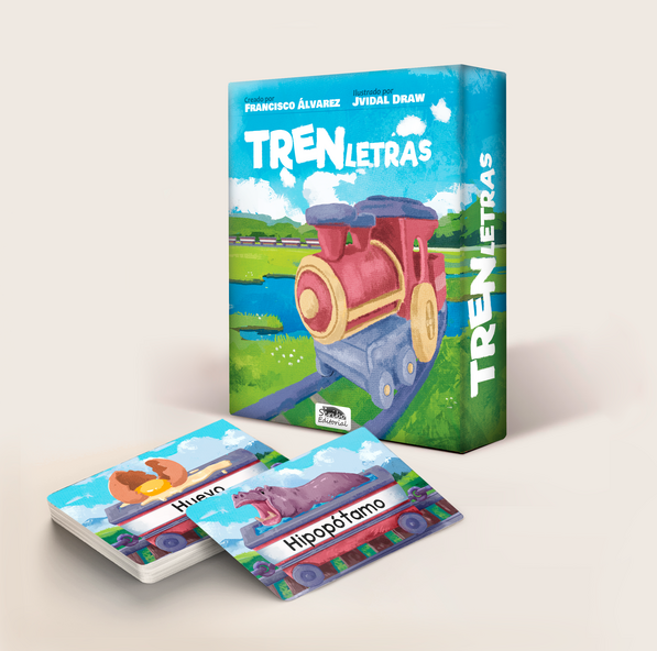 Illustration of cover and components of this children's game to learn words and play with letters. Developed by Francisco Álvarez.