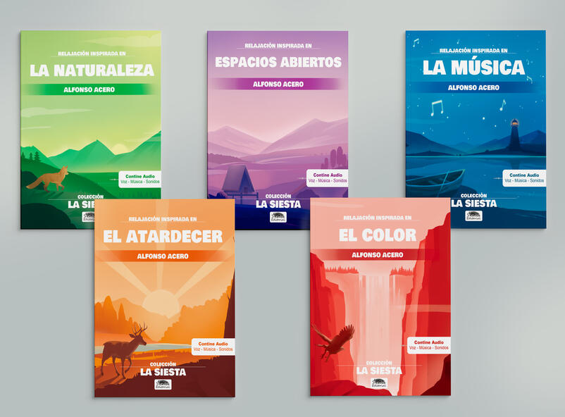 Cover illustrations for the book collection ‘LA SIESTA’. 5 books of relaxation techniques with audio by Alfonso Acero.