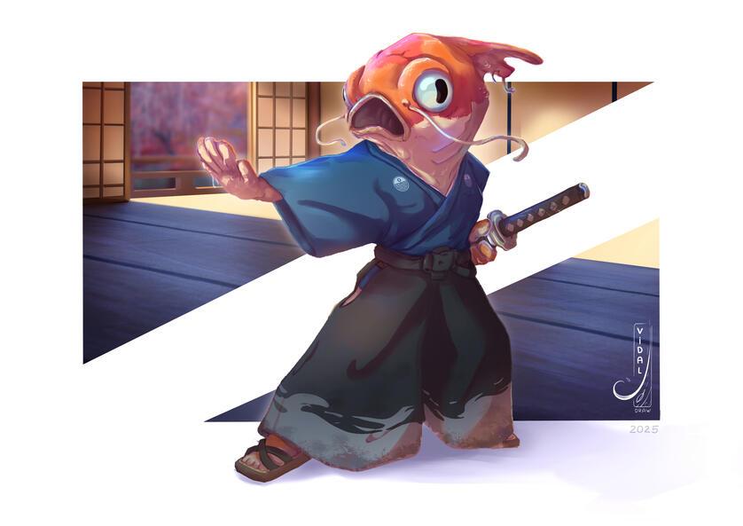 Samurai fish. Creation of the character from scratch, ideation, sketches, color, rendering and details, more details of the process in artstation website.