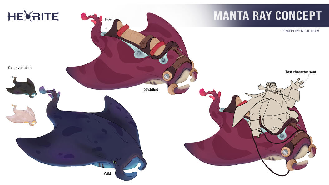 Creation of manta ray concept creature for riding with sit design. Ideation, sketches, color test, and details for the game HeXrite