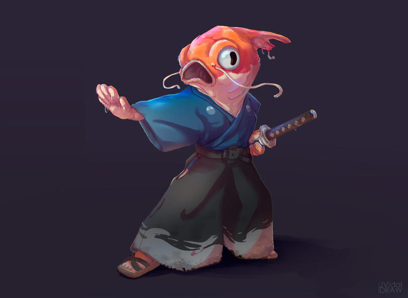 Samurai fish. Creation of the character from scratch, ideation, sketches, color, rendering and details, more details of the process in artstation website.